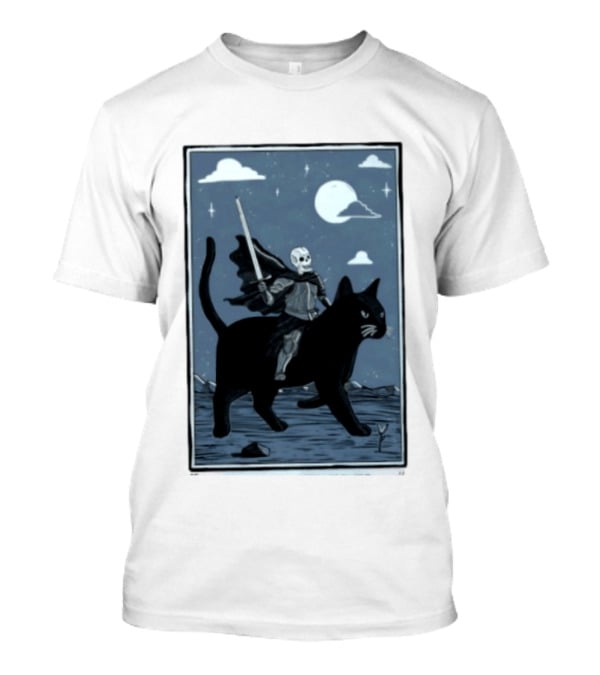 Skeleton Knight On Black Cat Under Moon And Stars Idle Hands Invite Mischief T-Shirt