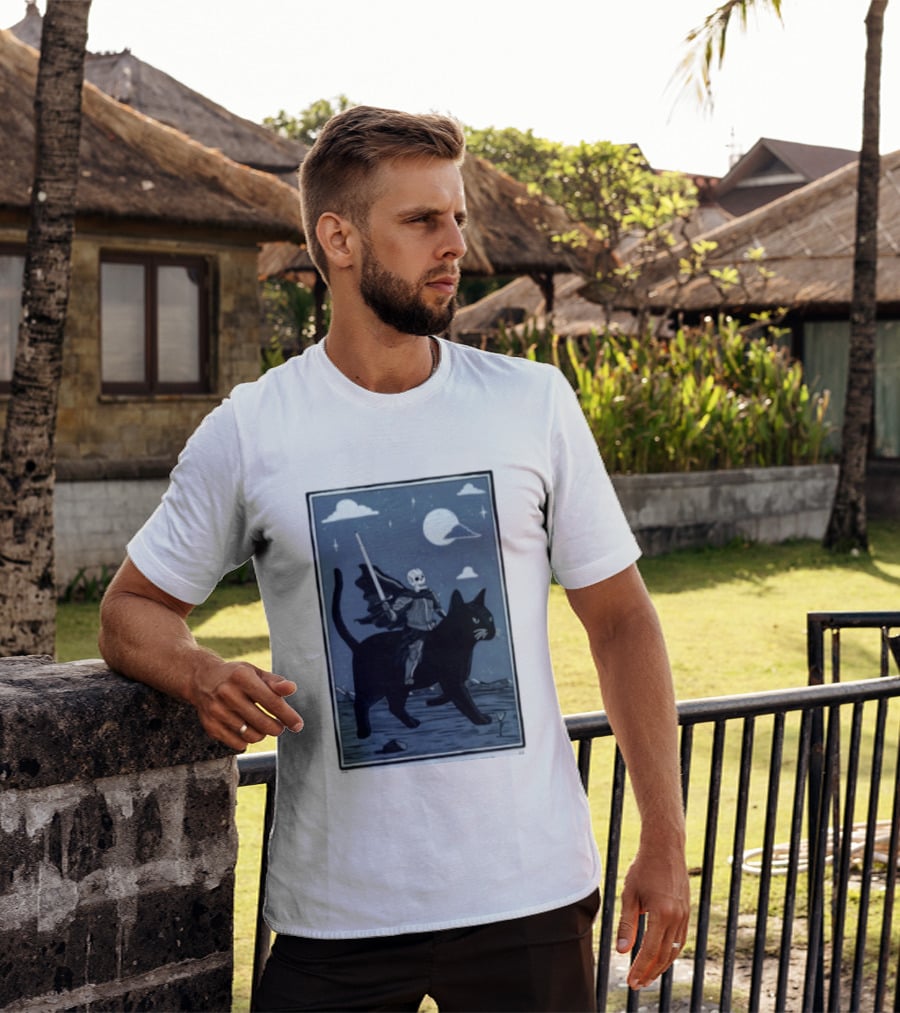 Skeleton Knight On Black Cat Under Moon And Stars Idle Hands Invite Mischief T-Shirt