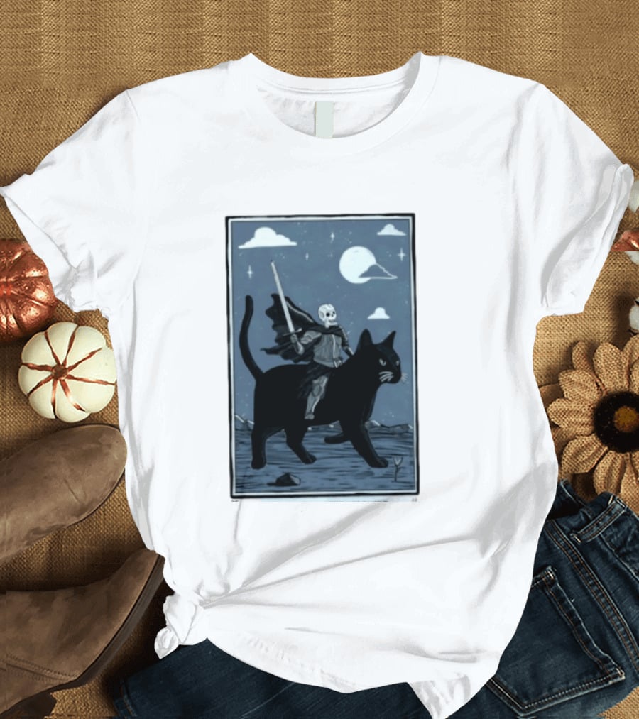 Skeleton Knight On Black Cat Under Moon And Stars Idle Hands Invite Mischief T-Shirt
