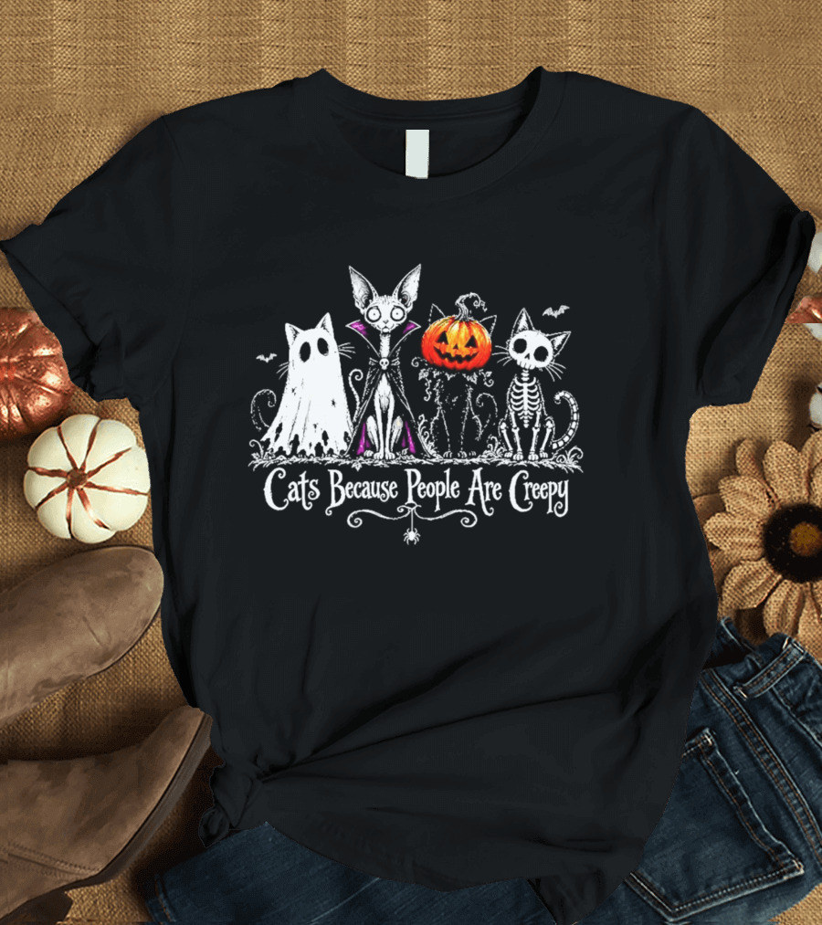 Cats Because People Are Creepy Halloween Cat Pumpkin Skeleton T-Shirt