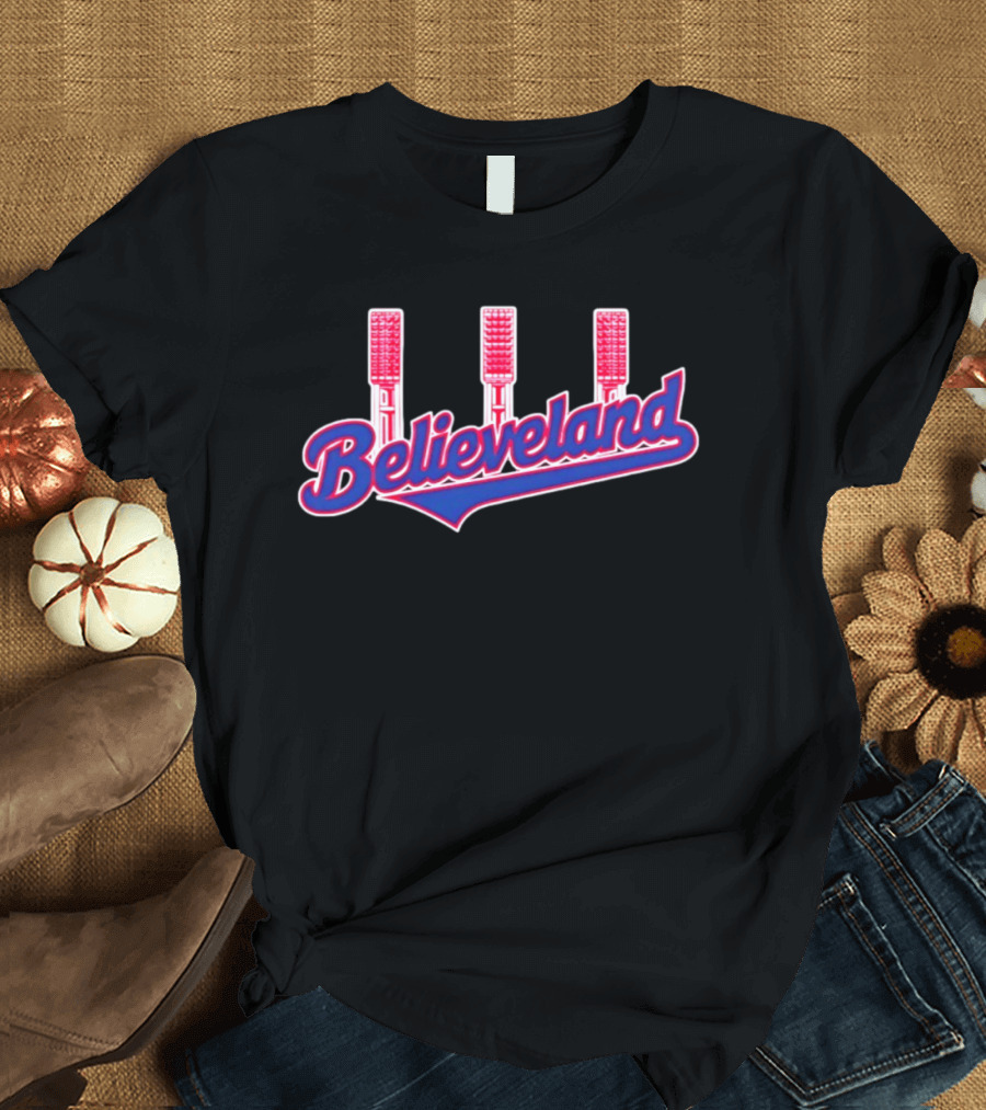 Cleveland Guardians Believeland City Skyline With Retro Baseball Bat Landmarks T-Shirt