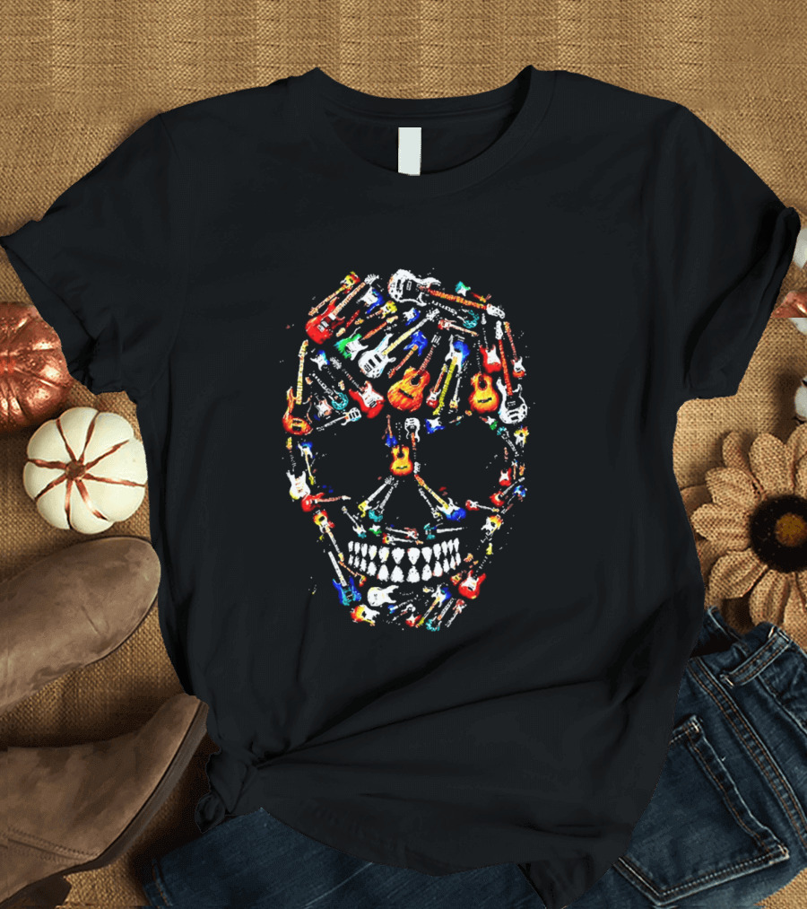 Colorful Electric Guitar Skull Rock N Roll Music Lover Vivid Instrument Mashup T-Shirt