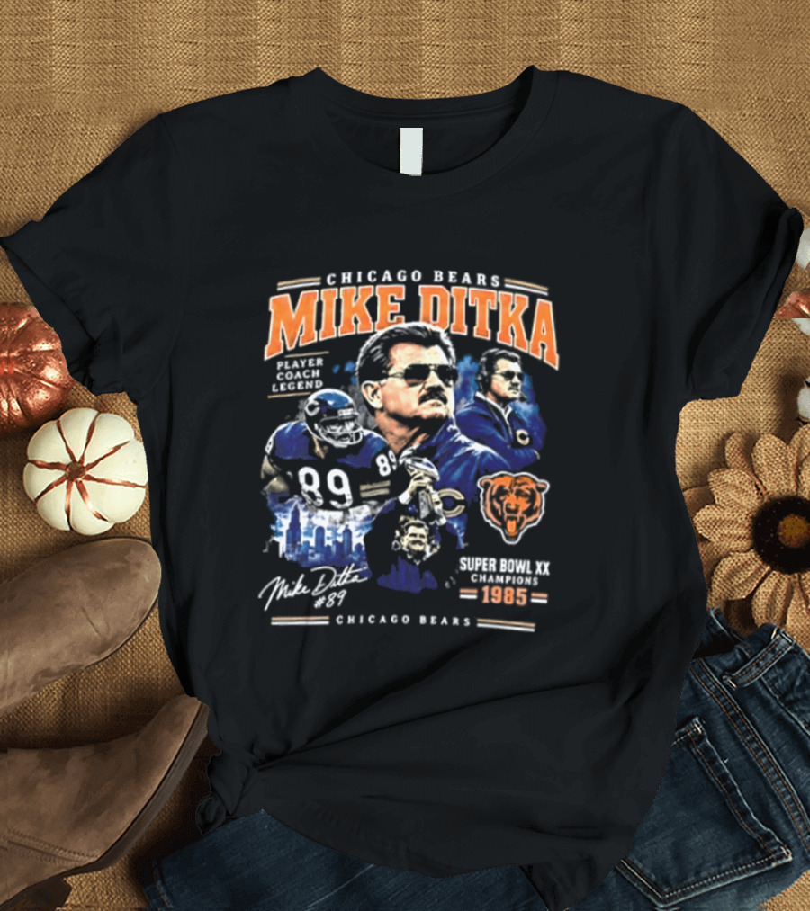 Chicago Bears Mike Ditka 89 Player Coach Legend 1985 Football 2 Sided T-Shirt