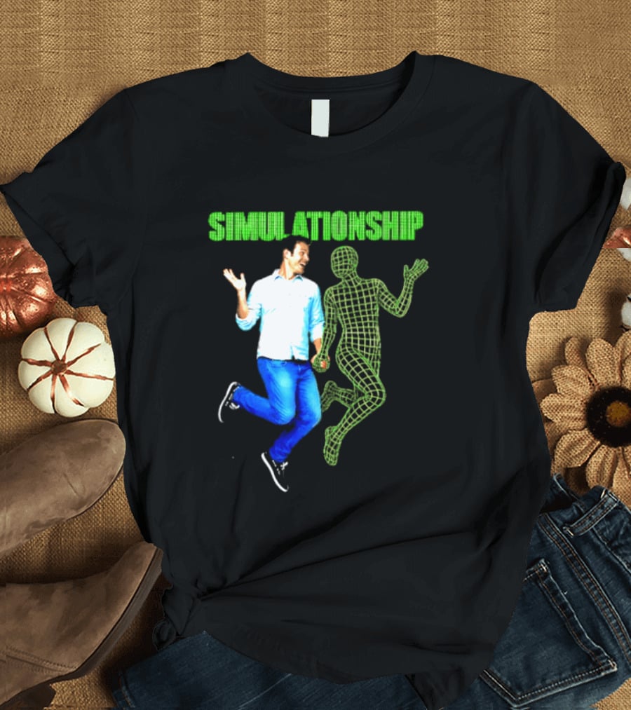 Simulationship Simulation Glitch Digital Jumping Man And Wireframe Figure T-Shirt