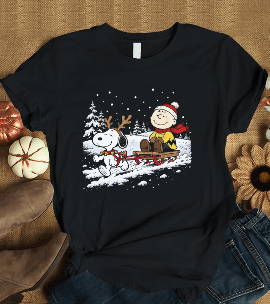 Snoopy Reindeer Christmas Sleigh Ride With Charlie Brown For Peanuts And Winter Lovers T-Shirt