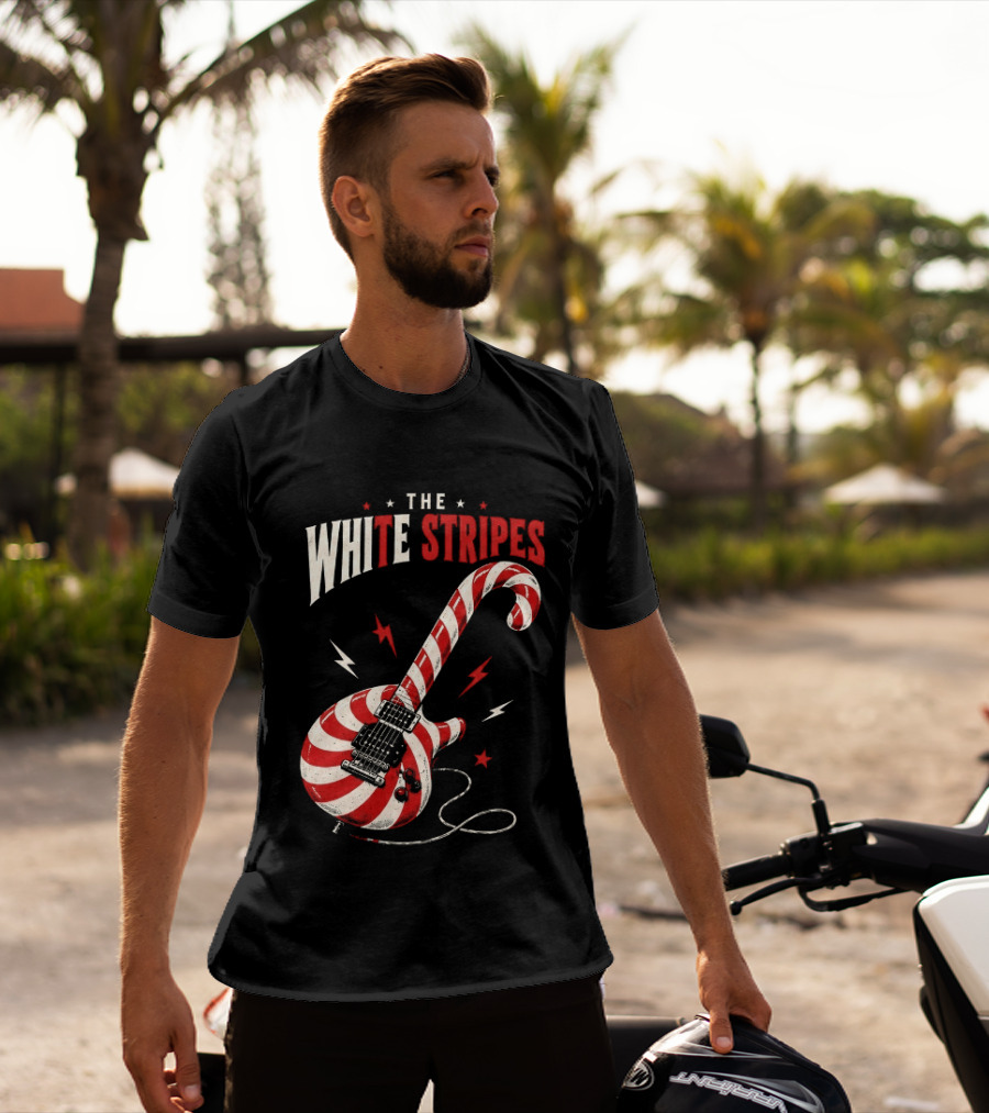 The White Stripes Candy Cane Christmas Guitar Rock Themes T-Shirt