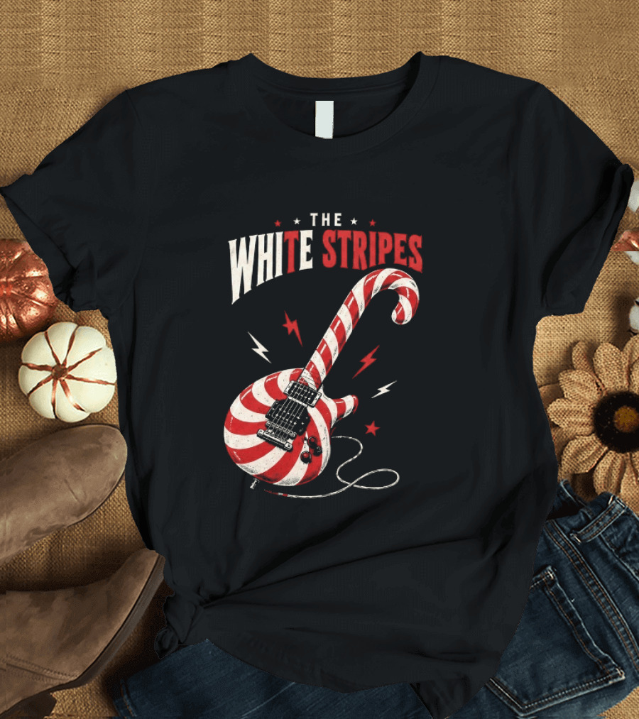 The White Stripes Candy Cane Christmas Guitar Rock Themes T-Shirt