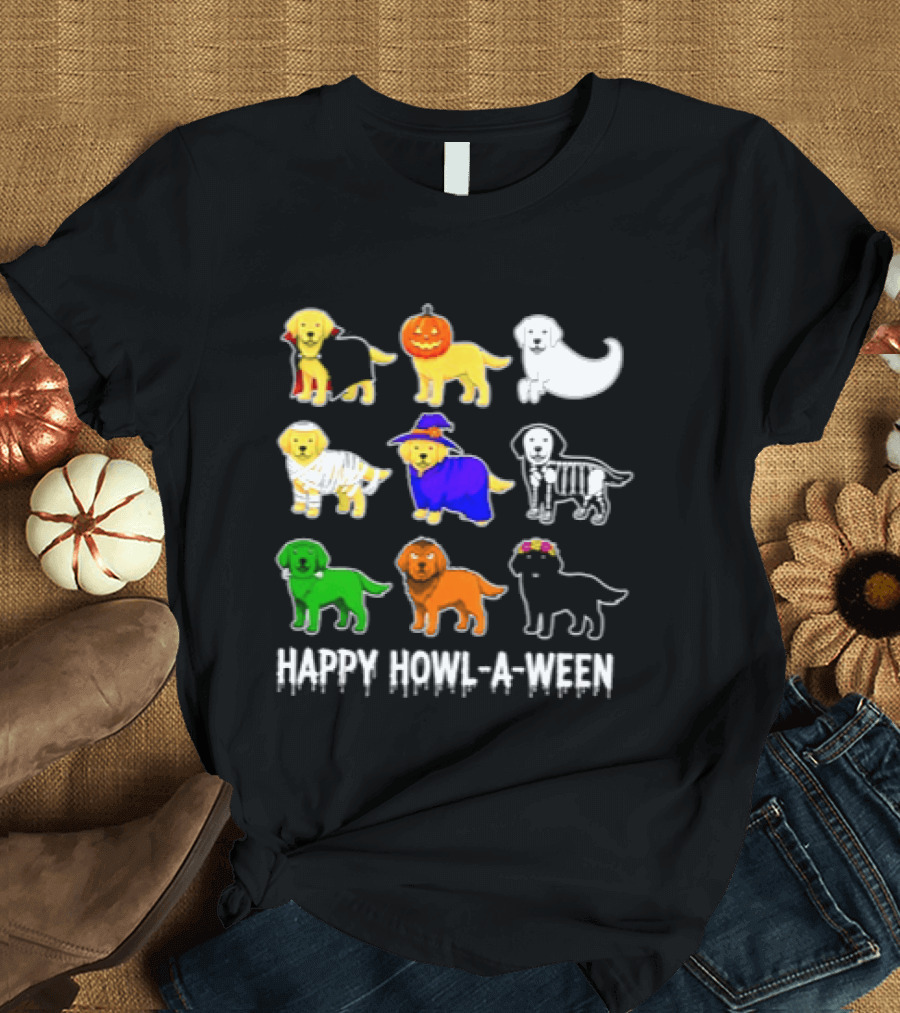 Happy Howl A Ween Dogs Halloween 2026 Pumpkin Witch Skeleton Costumes T-Shirt
