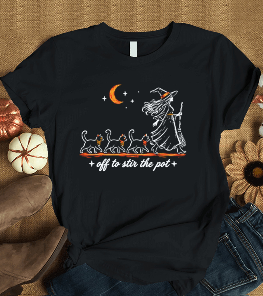 Off To Stir The Pot Witch Black Cats Halloween Moon Magic T-Shirt