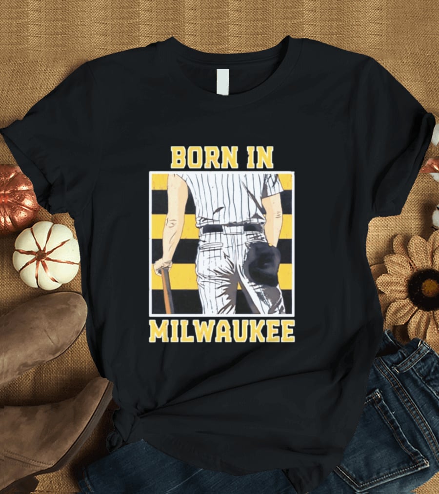 Born In Milwaukee Baseball Vintage Stripes Player Holding Cap T-Shirt