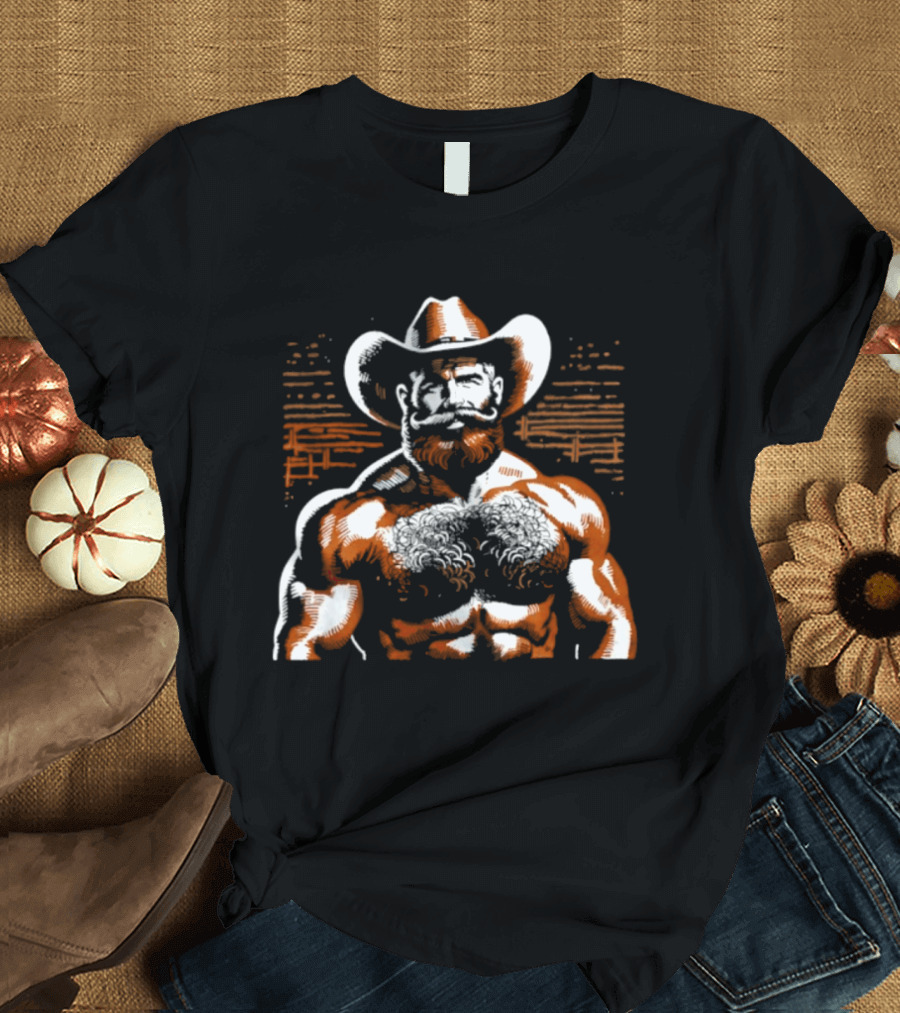 Hairy Cowboy Western Mustache Bearded Man Muscular Rancher T-Shirt