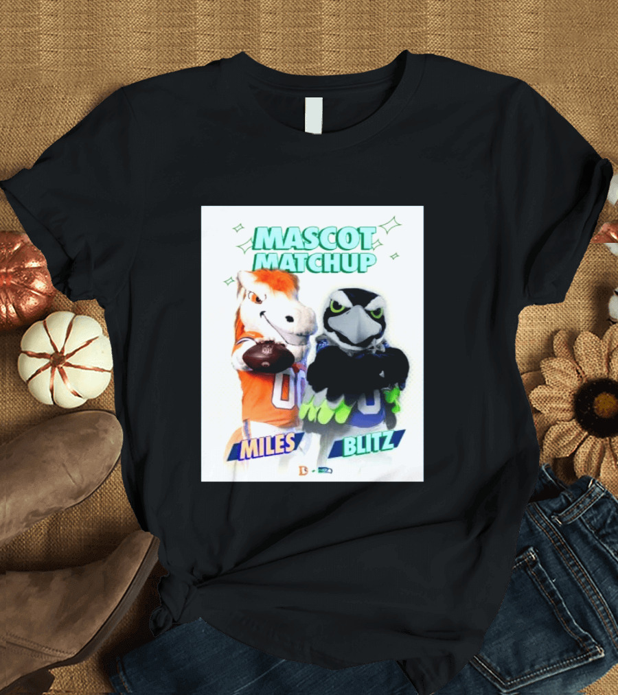 Mascot Matchup Miles Vs Blitz Denver Broncos Seattle Seahawks 2026 T-Shirt