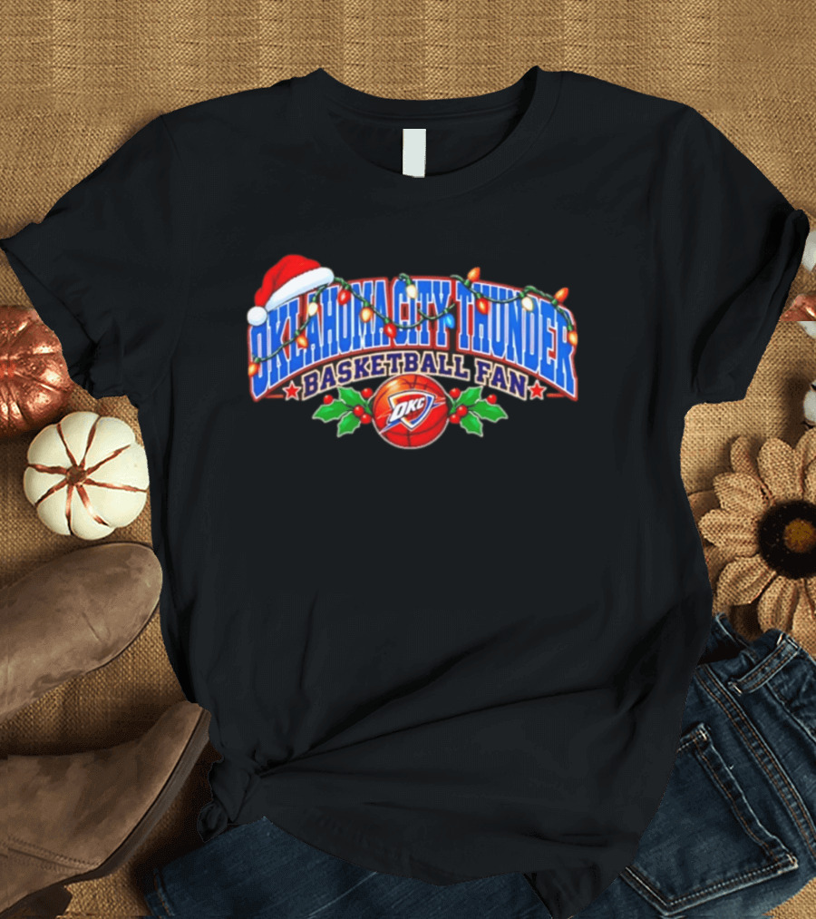Oklahoma City Thunder Basketball Fan Santa Hat Christmas Lights T-Shirt
