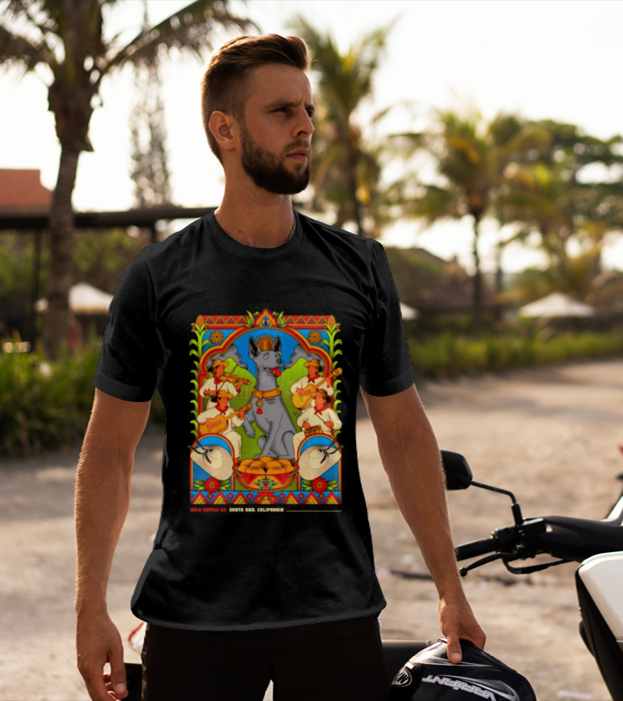 Xolo Supply Co Santa Ana California Xoloitzcuintli Vintage Mexican Art With Musicians And Dog T-Shirt