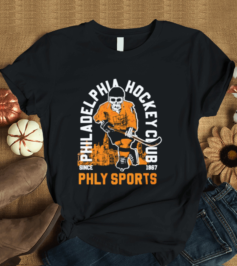 Philadelphia Hockey Club Skeleton Since 1967 Phly Sports Skyline T-Shirt