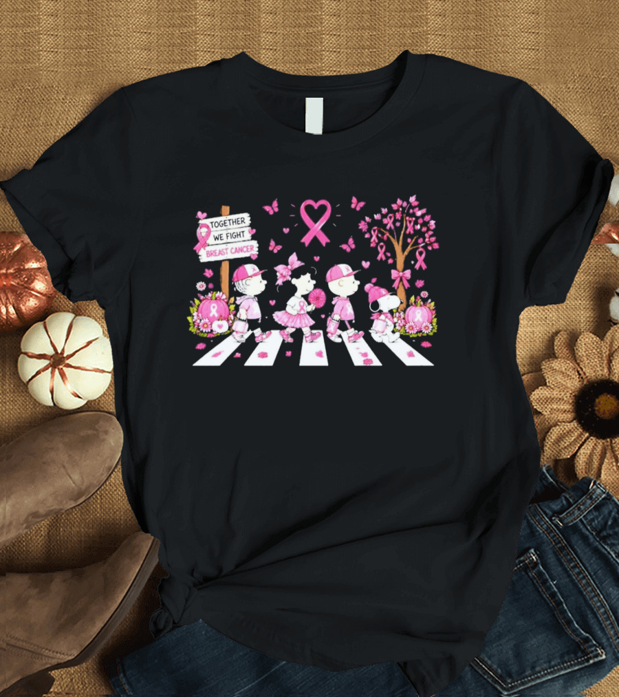 Together We Fight Breast Cancer Peanuts Characters Abbey Road Pink Ribbon Butterflies T-Shirt