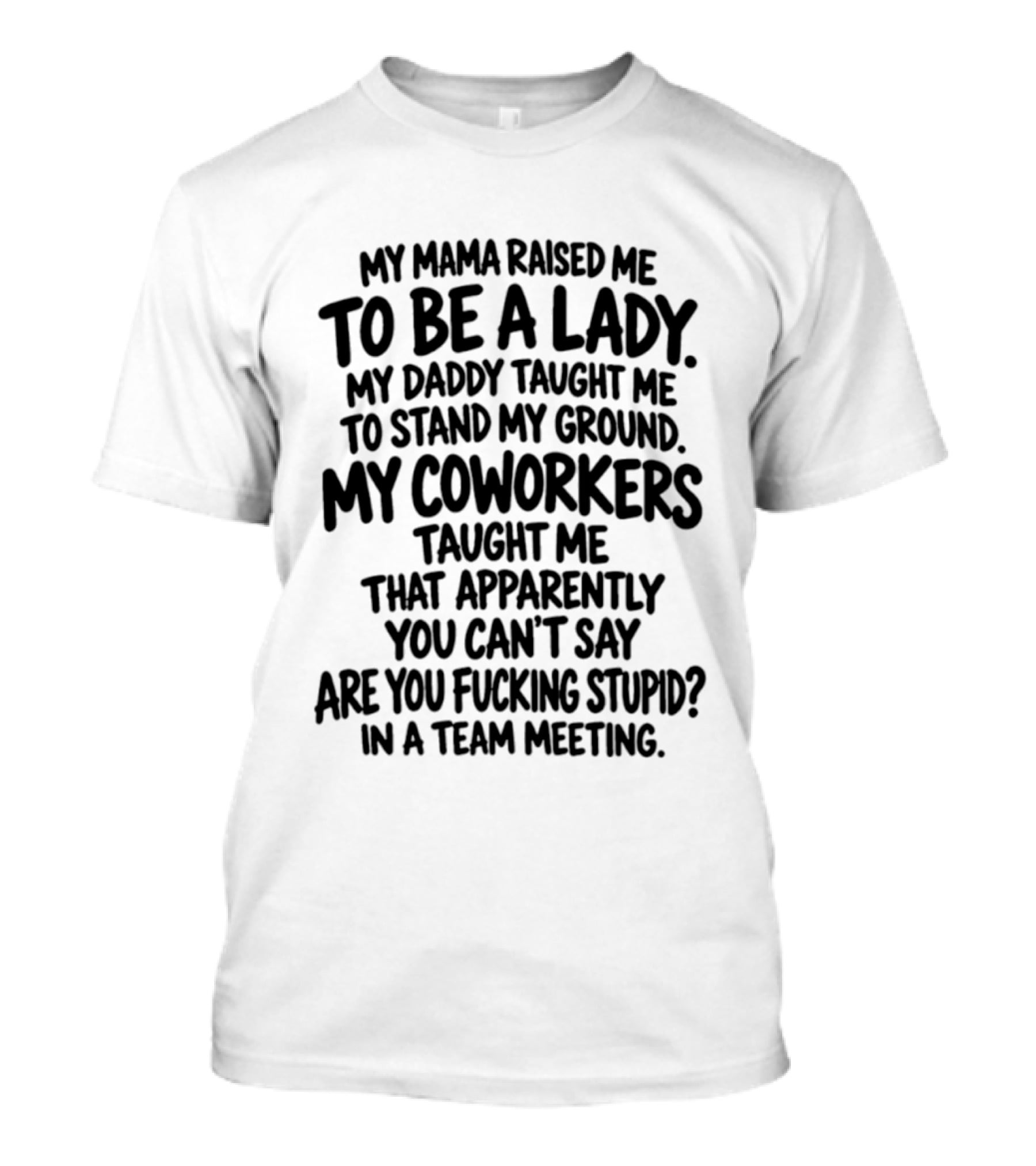 My Mama Raised Me To Be A Lady My Daddy Taught Me To Stand My Ground My Coworkers Taught Me You Can't Say Are You Stupid In A Team Meeting T-Shirt