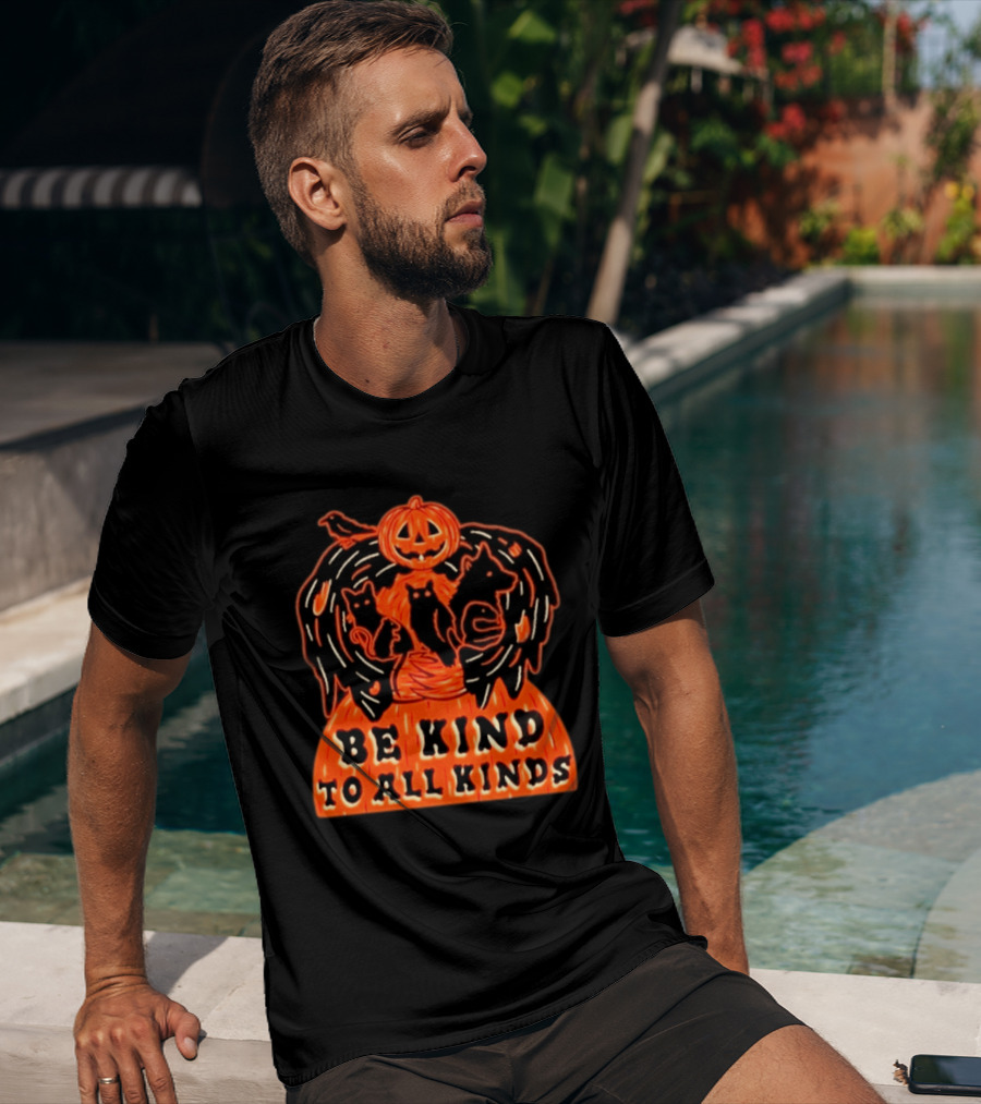 Be Kind To All Kinds Halloween 2026 Pumpkin Animals With Cats And Crow T-Shirt
