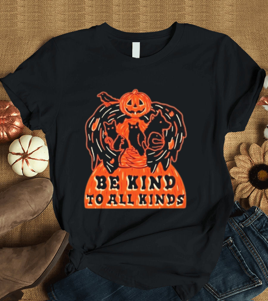 Be Kind To All Kinds Halloween 2026 Pumpkin Animals With Cats And Crow T-Shirt