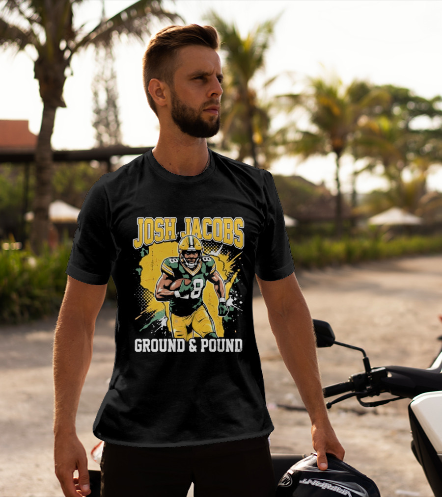 Josh Jacobs Ground & Pound Running Back Art Green And Gold Player T-Shirt