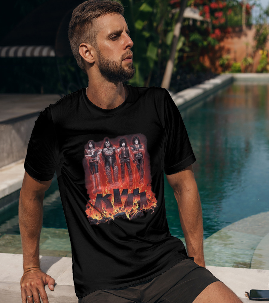 Kiss Halloween 2026 Conjuring Flames Band Members Standing Above Fire T-Shirt