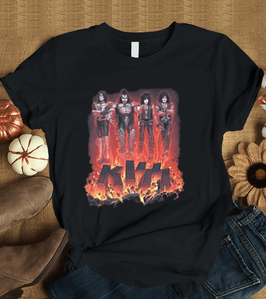 Kiss Halloween 2026 Conjuring Flames Band Members Standing Above Fire T-Shirt