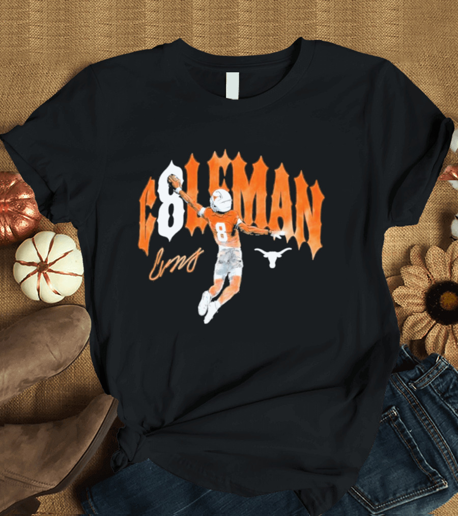 Texas Longhorns Coleman 8 Football Player Orange And White T-Shirt