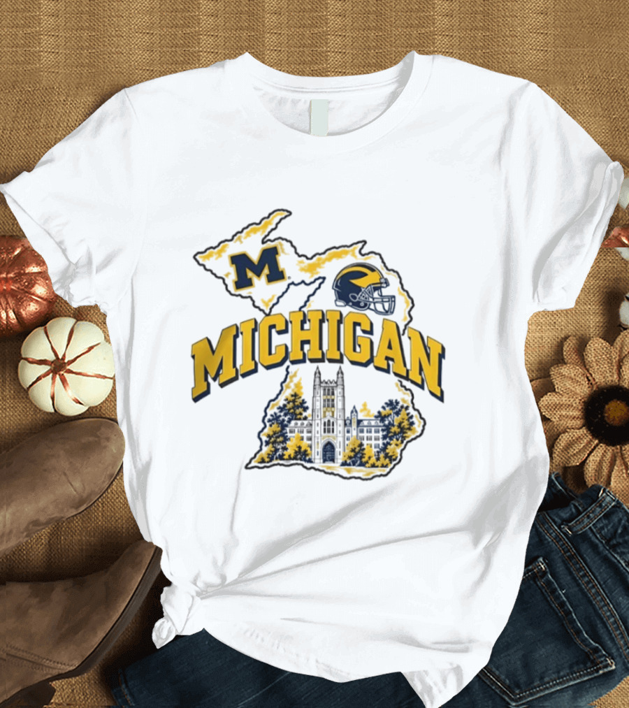 Michigan Wolverines NCAA Football Helmet Map And Building T-Shirt
