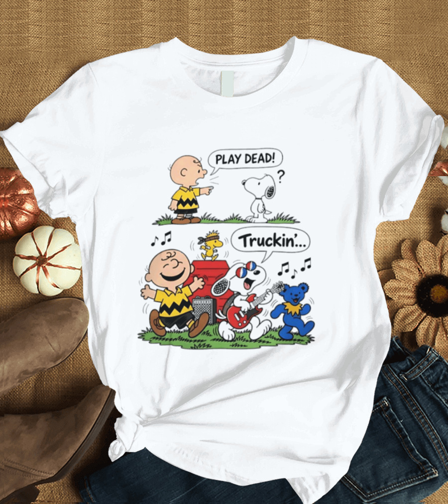 Peanuts Characters Play Dead And Truckin' With Grateful Dead Dancing Bear T-Shirt
