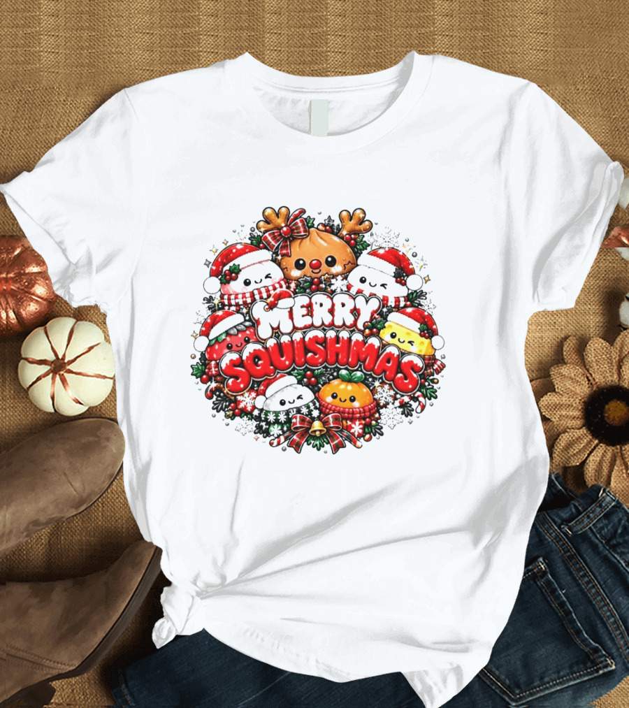 Merry Squishmas Cute Festive Characters Santa Hats Holiday Cheer Reindeer Red Green Berries T-Shirt