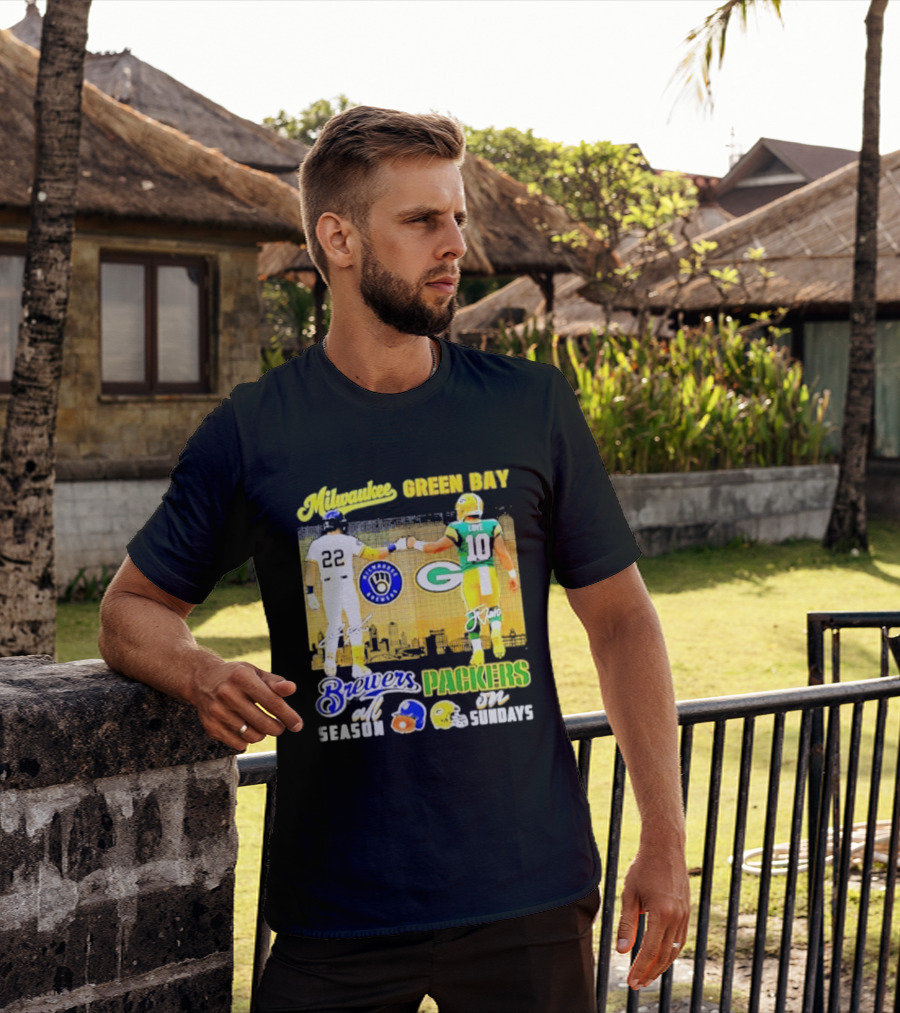 Milwaukee Brewers Green Bay Packers All Season Sundays Players Signatures T-Shirt