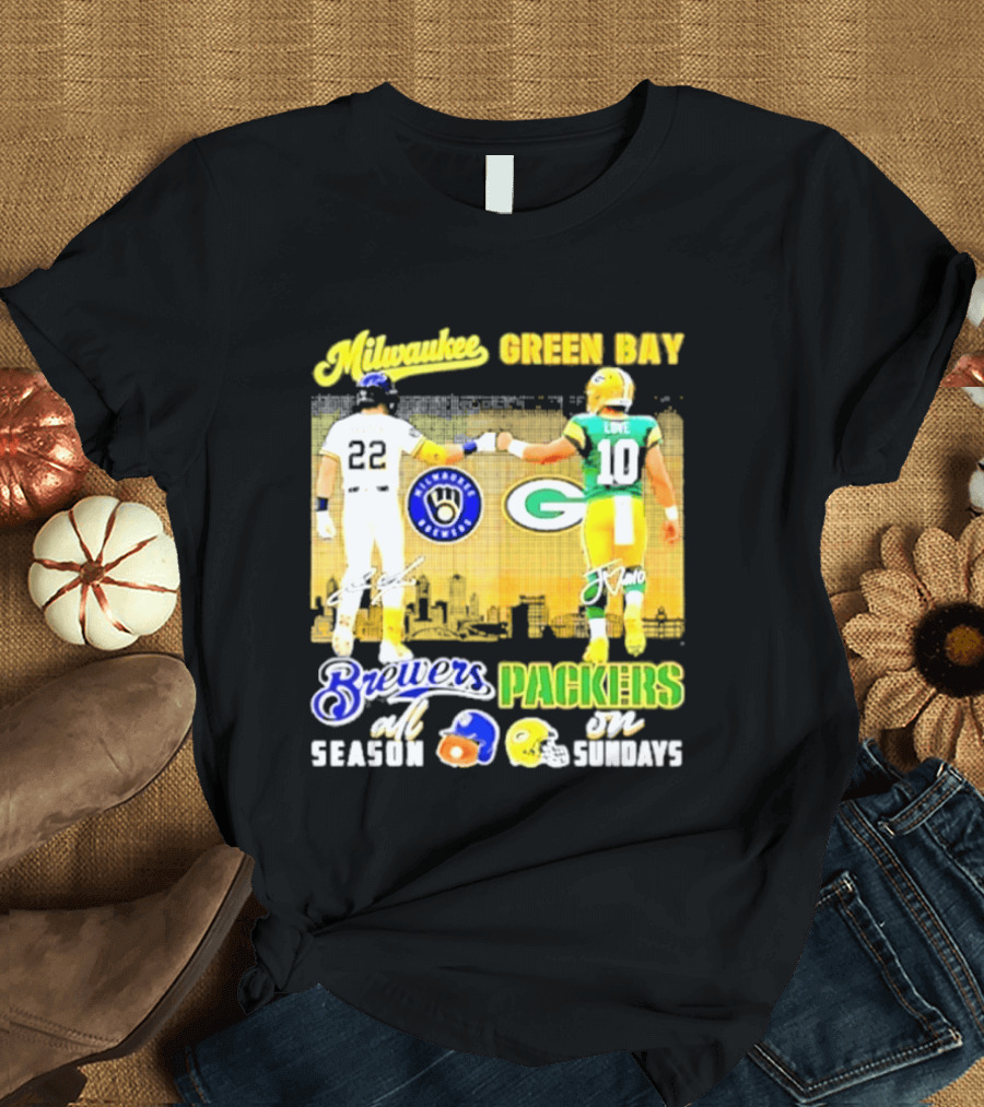 Milwaukee Brewers Green Bay Packers All Season Sundays Players Signatures T-Shirt