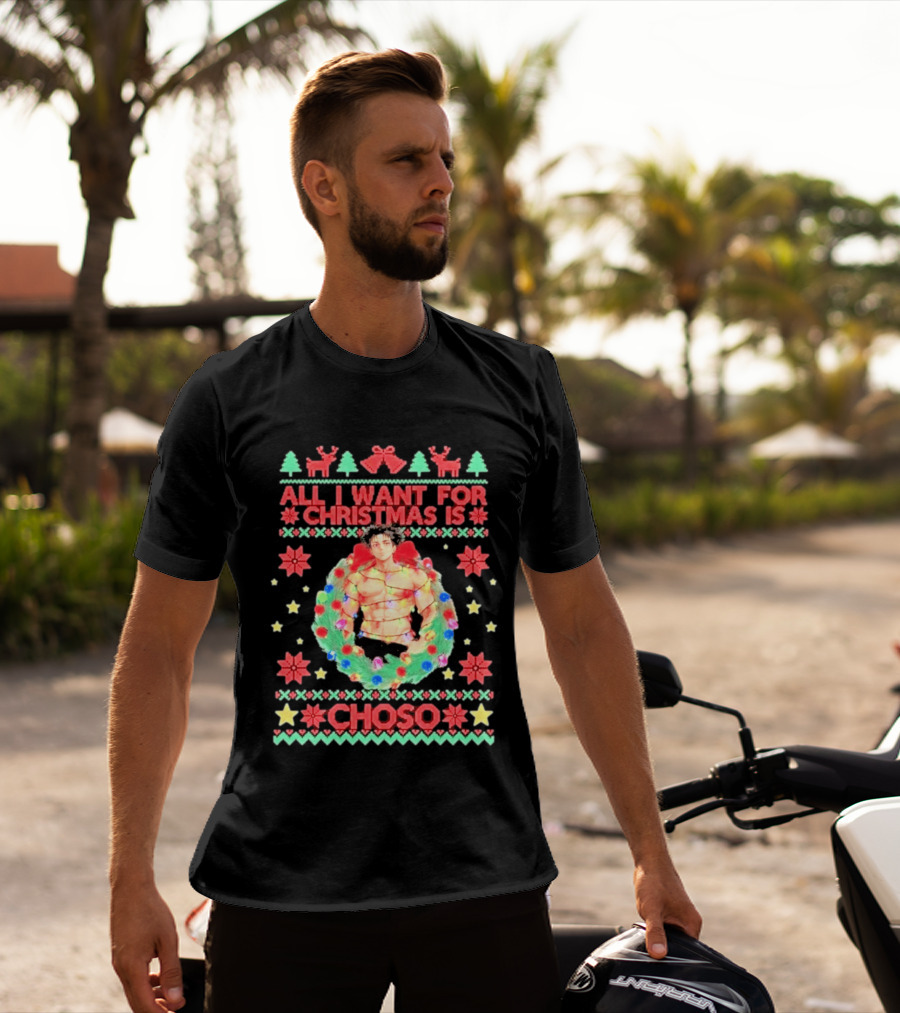 All I Want For Christmas Is Choso Anime Character Wreath Reindeer Festive T-Shirt