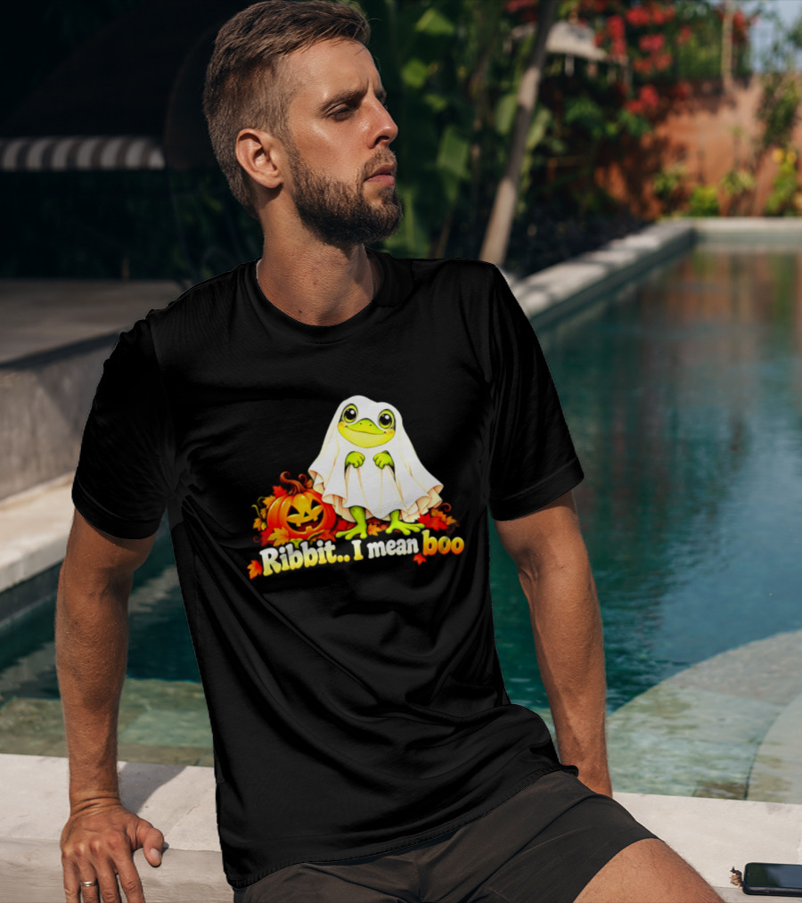 Ribbit I Mean Boo Halloween Frog In Ghost Costume With Pumpkin T-Shirt