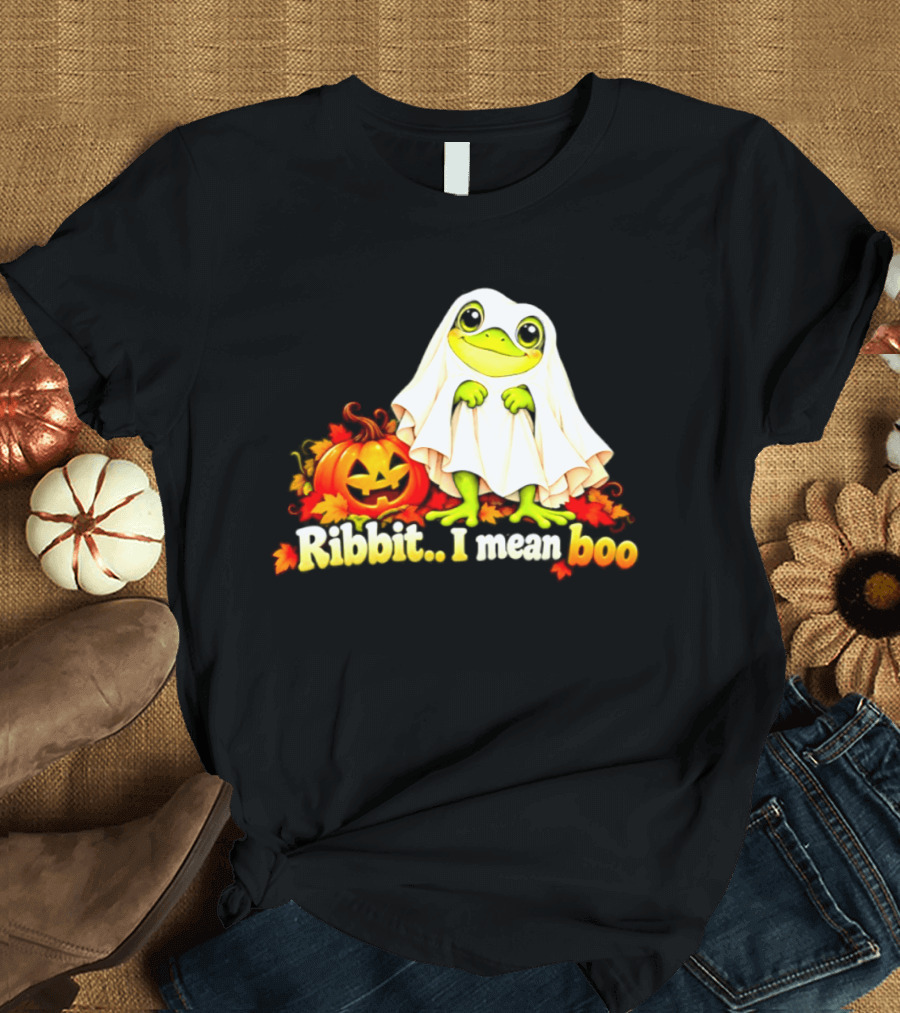 Ribbit I Mean Boo Halloween Frog In Ghost Costume With Pumpkin T-Shirt
