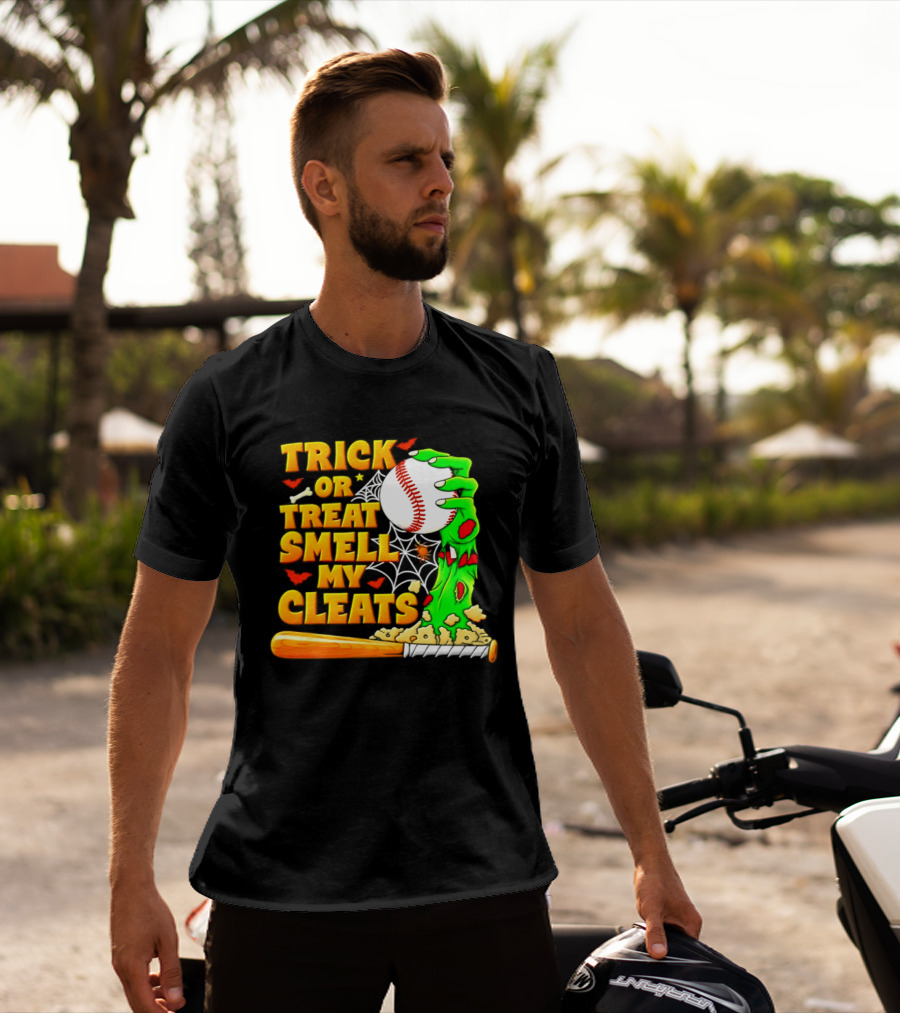 Trick Or Treat Smell My Cleats Zombie Hand Baseball Bat Halloween T-Shirt