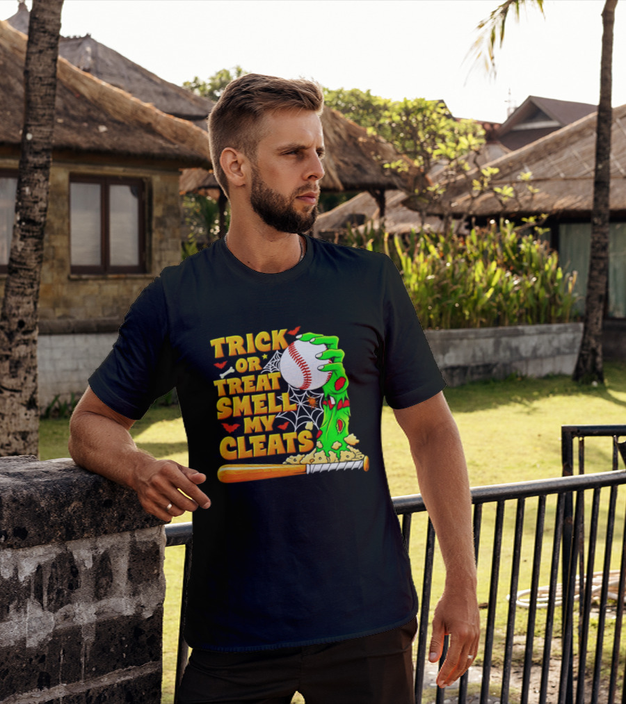 Trick Or Treat Smell My Cleats Zombie Hand Baseball Bat Halloween T-Shirt