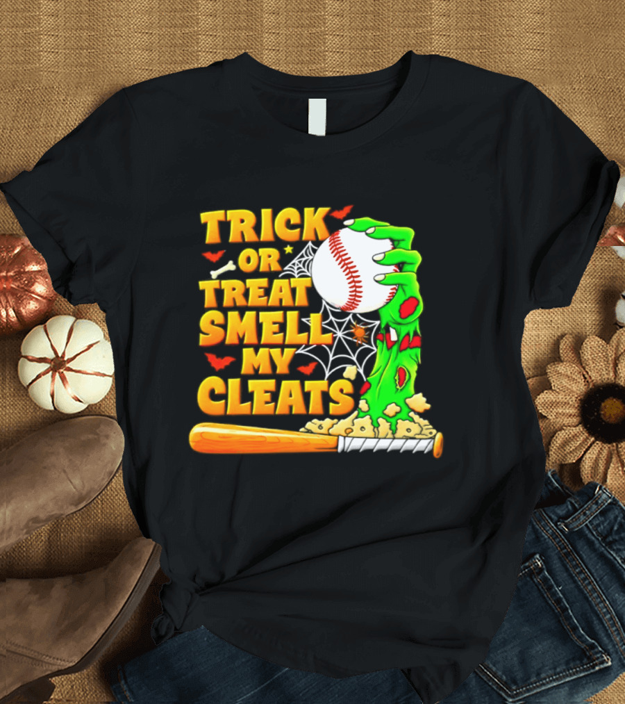 Trick Or Treat Smell My Cleats Zombie Hand Baseball Bat Halloween T-Shirt
