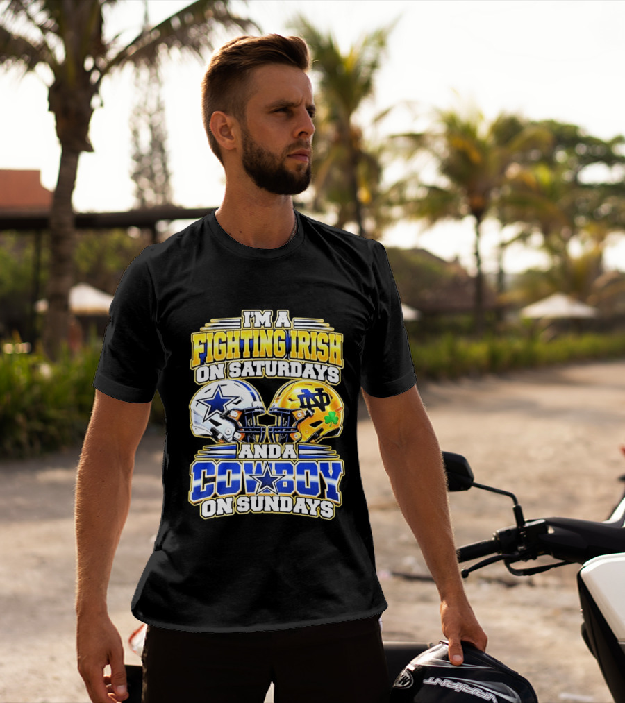 I'm A Fighting Irish On Saturdays And A Cowboy On Sundays Football Helmet Star Clover T-Shirt