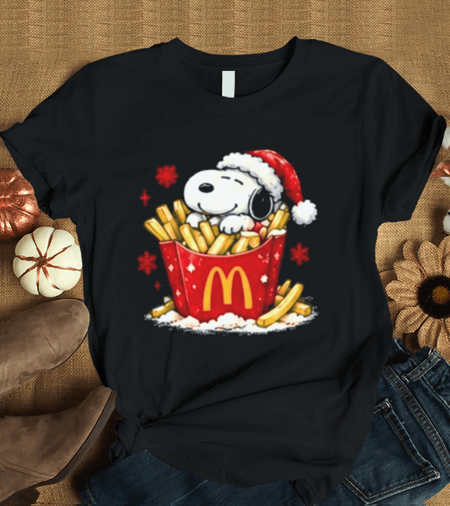McDonalds Holiday Snoopy Christmas Fries Santa Hat Festive Fast Food Wishes T-Shirt