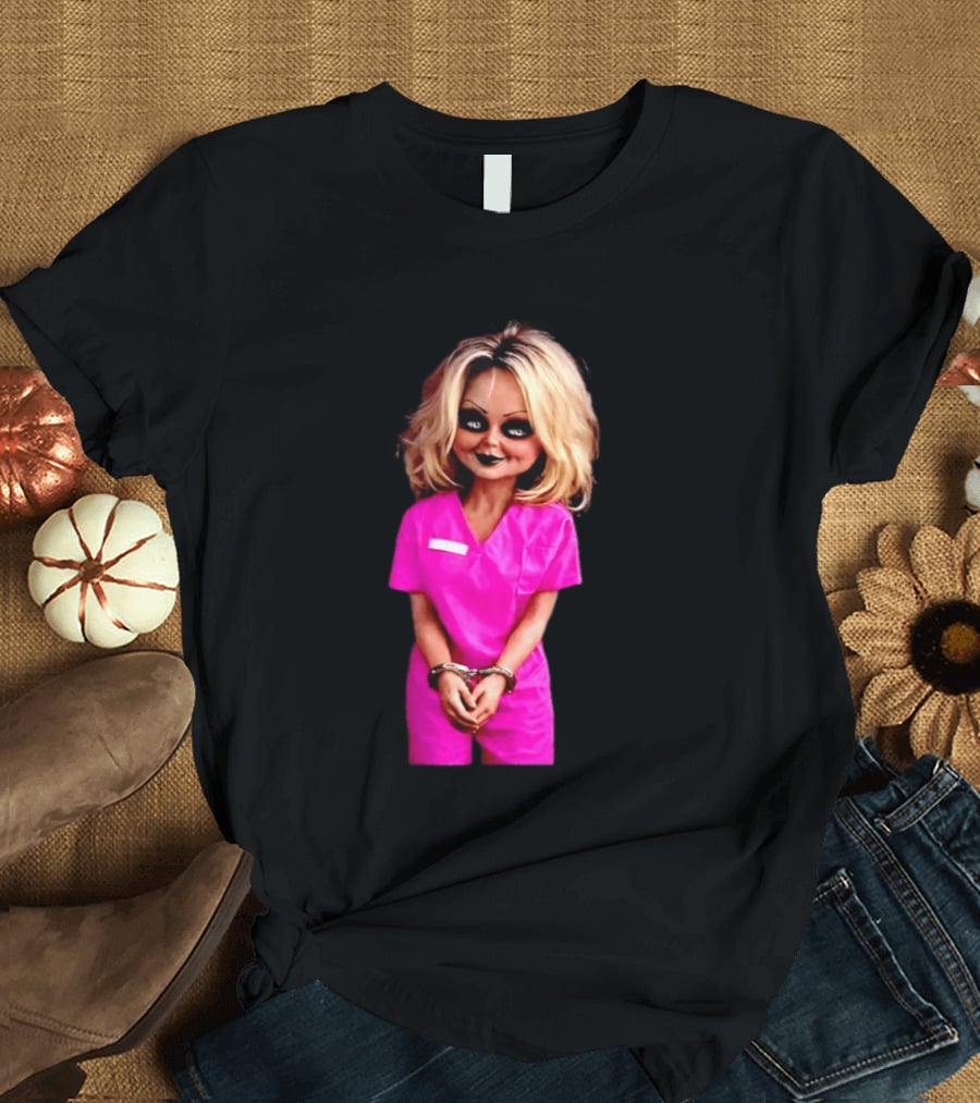 Tiffany Valentine Chucky Doll Pink Prison Uniform Halloween Costume T-Shirt