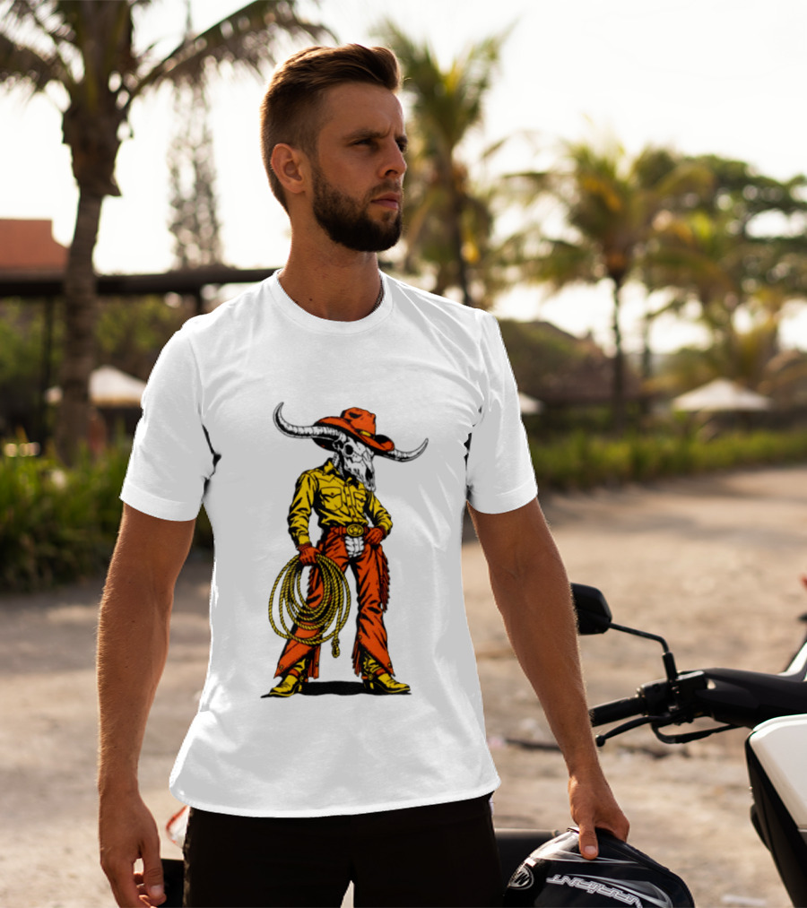 Cowboy Bull Skull With Roping Lasso Western Rodeo Skeleton T-Shirt