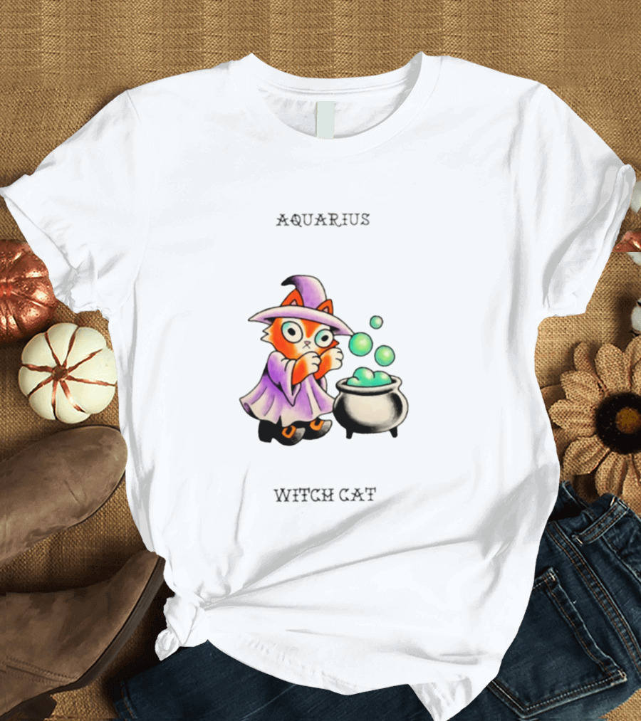 Aquarius Witch Cat Zodiac Astrology Magic Cauldron T-Shirt