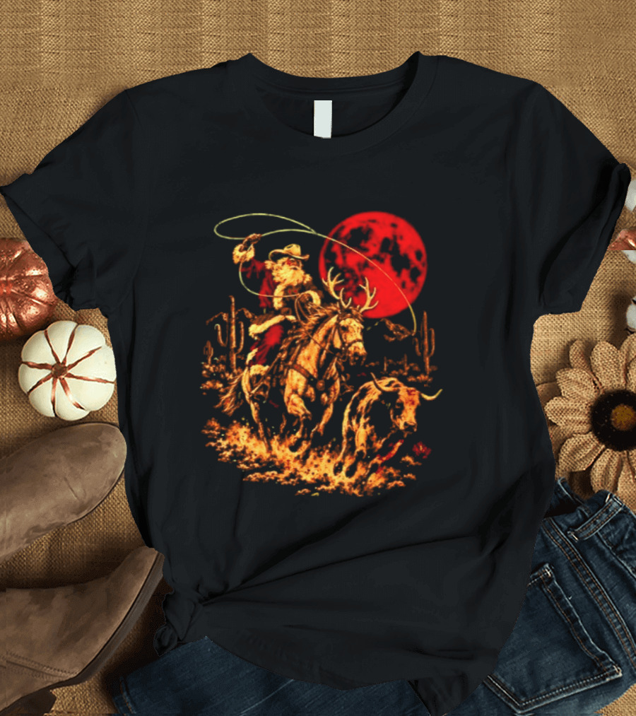 Cowboy Santa Christmas 2026 Holiday Western Rodeo Reindeer Cactus Desert Scene T-Shirt