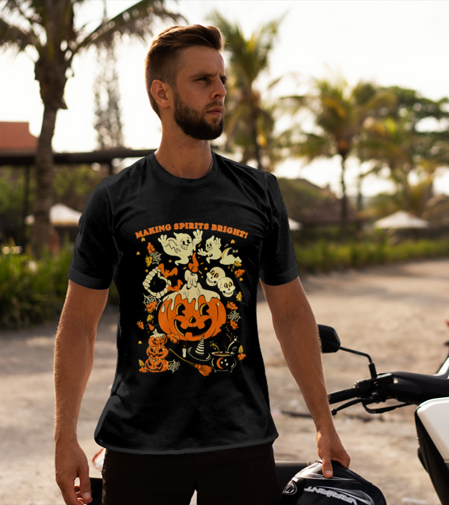 Making Spirits Bright Halloween Pumpkin Ghost Skull T-Shirt