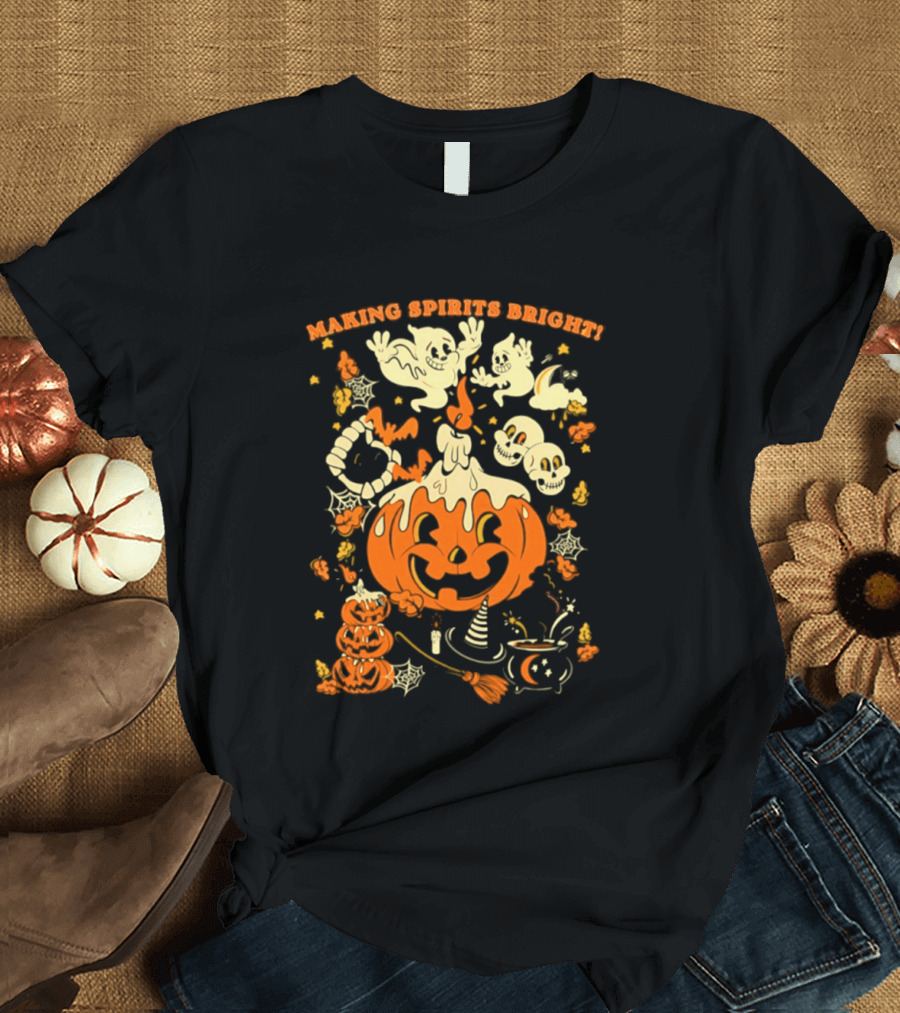 Making Spirits Bright Halloween Pumpkin Ghost Skull T-Shirt