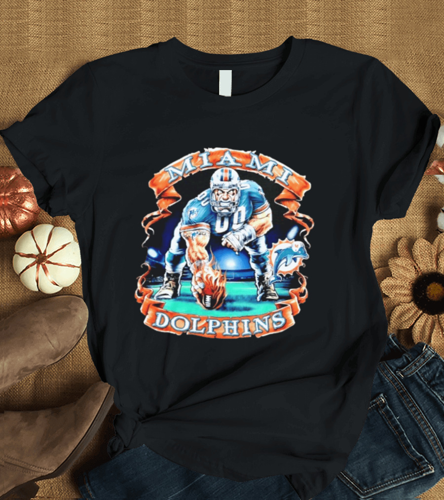 Miami Dolphins Big Man On Football Field With Flame Ball T-Shirt