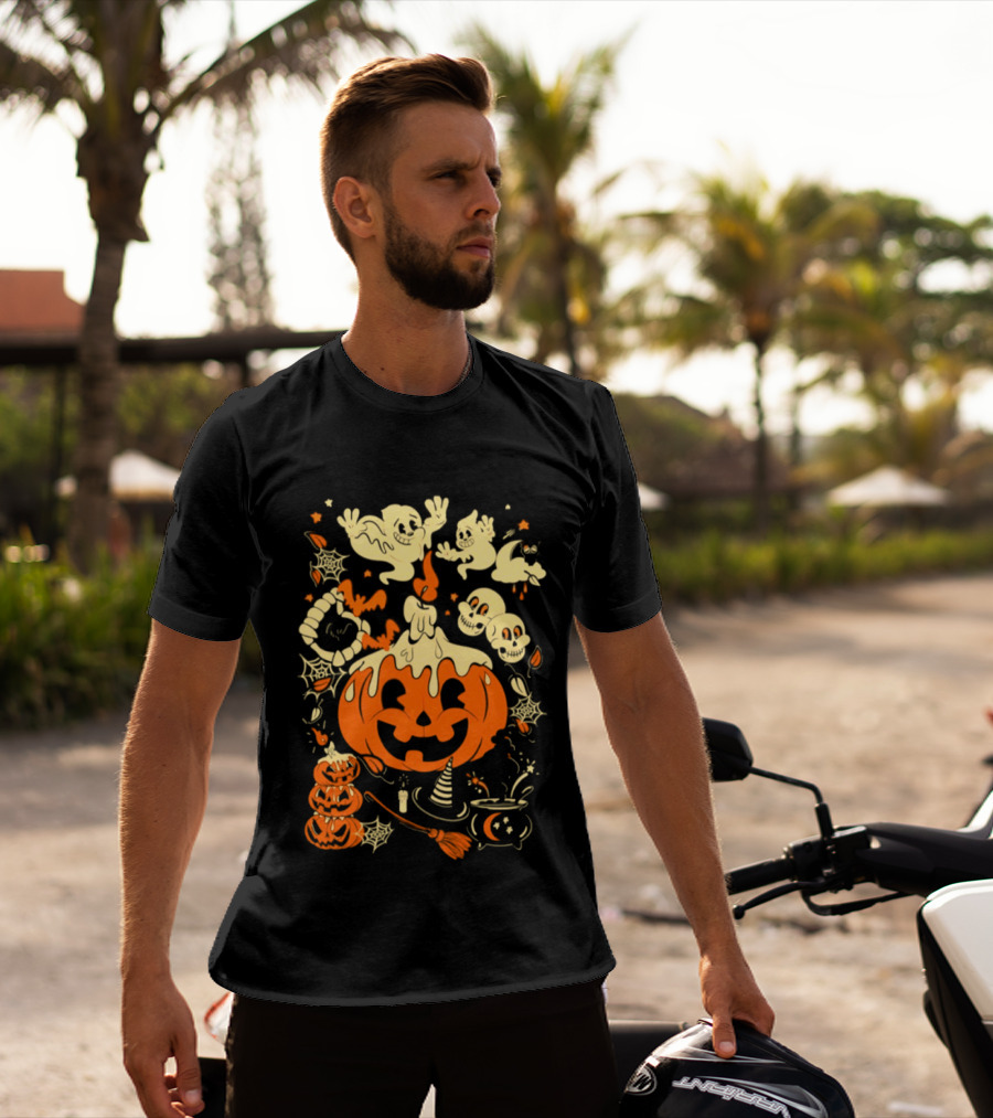 Halloween Pumpkin Ghost Skull Witch Hat Cauldron Spooky Bat T-Shirt