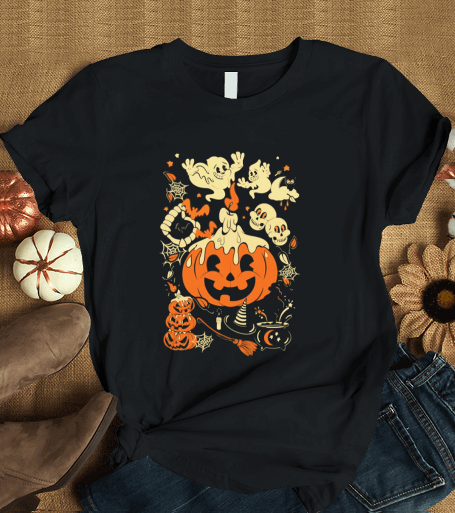Halloween Pumpkin Ghost Skull Witch Hat Cauldron Spooky Bat T-Shirt