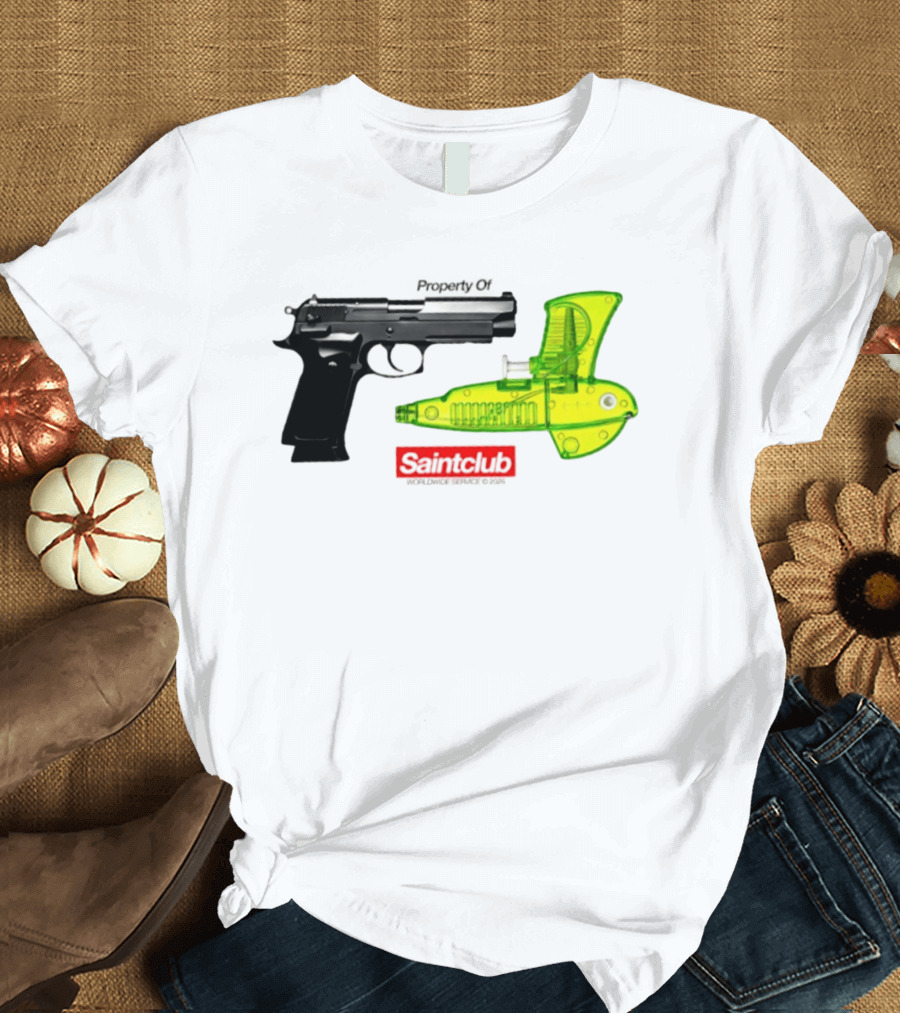 Pistol Property Saintclub Worldwide Service 2026 Black And Green Water Guns T-Shirt